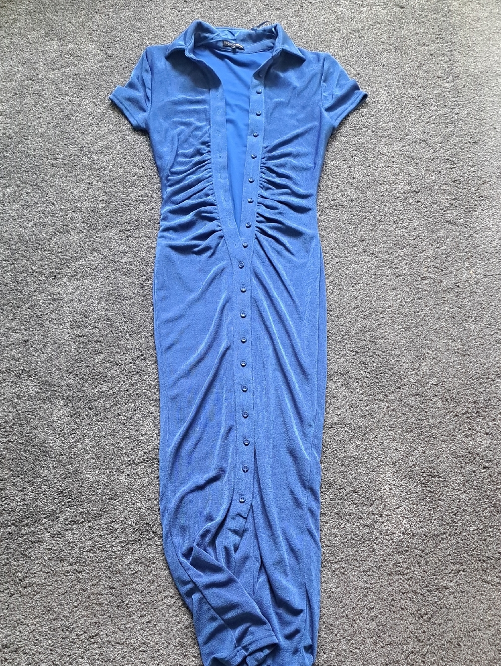 Fashion Nova Blue Ruched Button-Front Maxi Dress